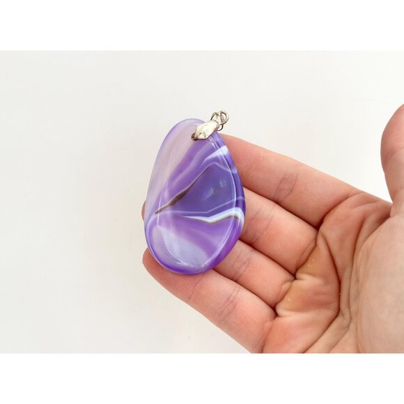 Purple Agate Sliced Smooth Crystal Freeform Silver T Teardrop Vintage Pendant - Picture 7 of 10